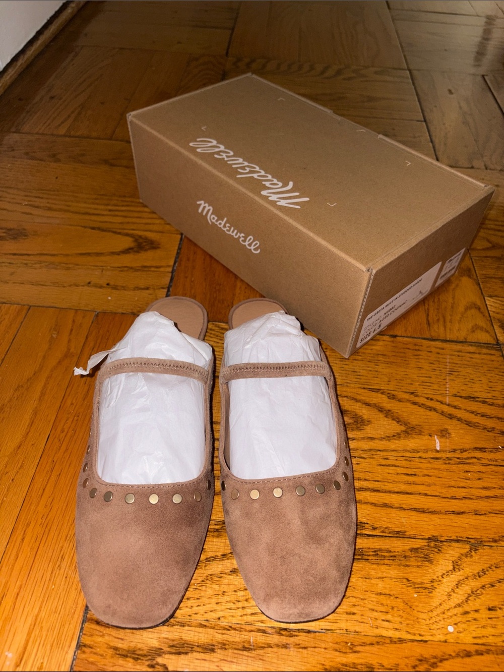 NWT (in box) Madewell The Greta Mule in Studded Suede - Aged Cognac